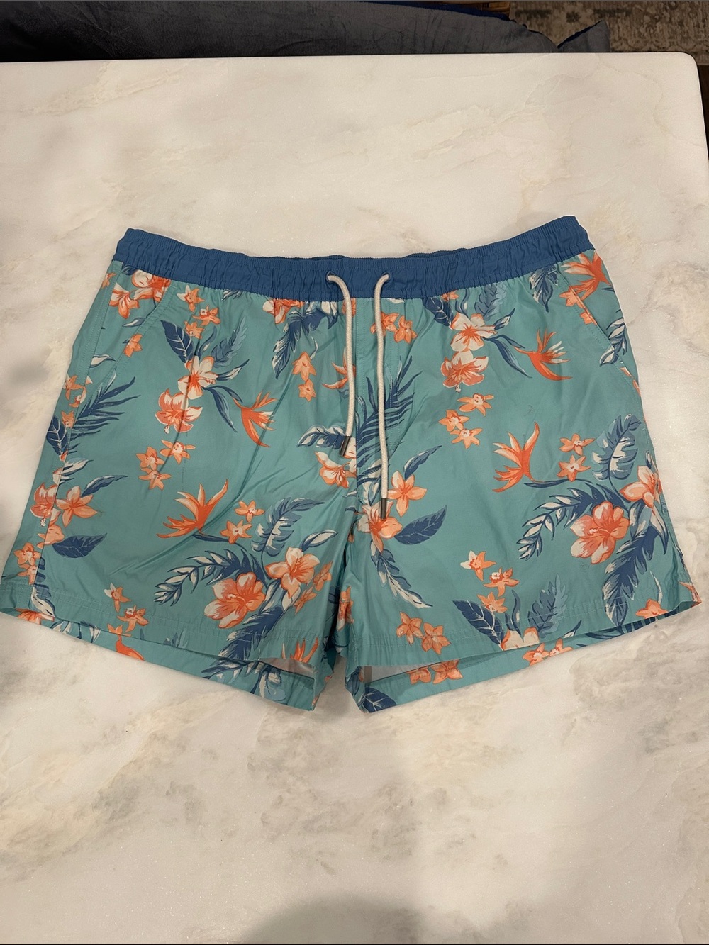 American Eagle Outfitters Teal Floral Swim Trunks with Orange Accent